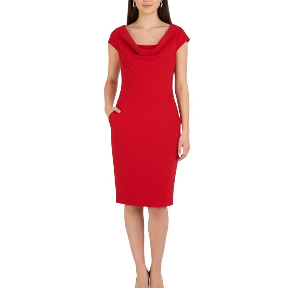 Calvin Klein Red Short Sleeve Dress Cowl Neck Formal Midi Dress Size 6 Business